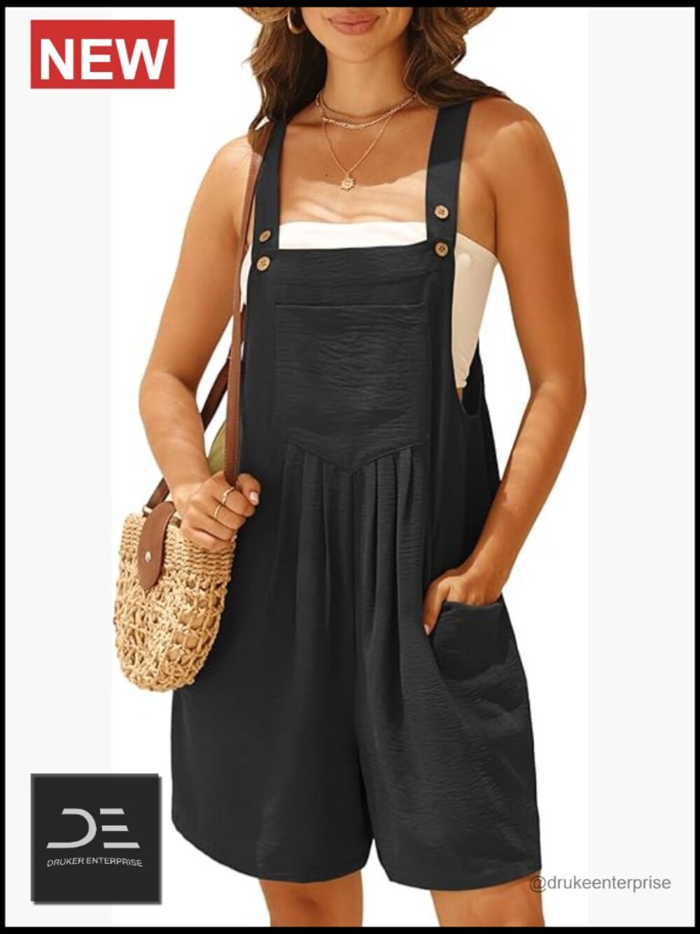 Sleeveless Square Neck Short Overalls Romper with Pockets